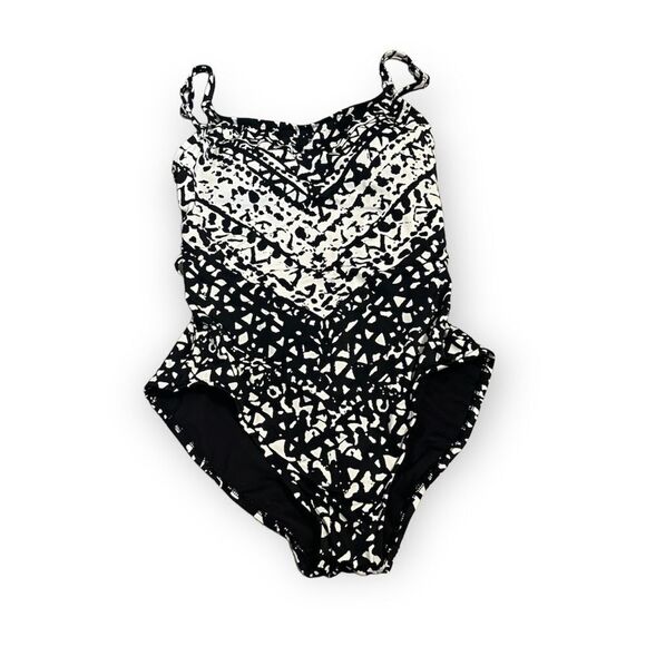 Women's Aqua Green Black & White Print Lace Up Back One Piece Swimsuit - Picture 1 of 8